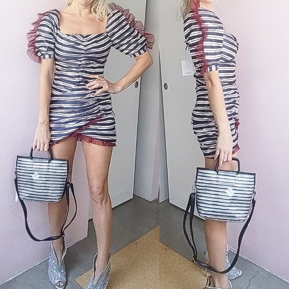 Nwt Delphine metallic suiting silver pinstriped sheer tip sleeve skirt set 4 - Picture 7 of 9